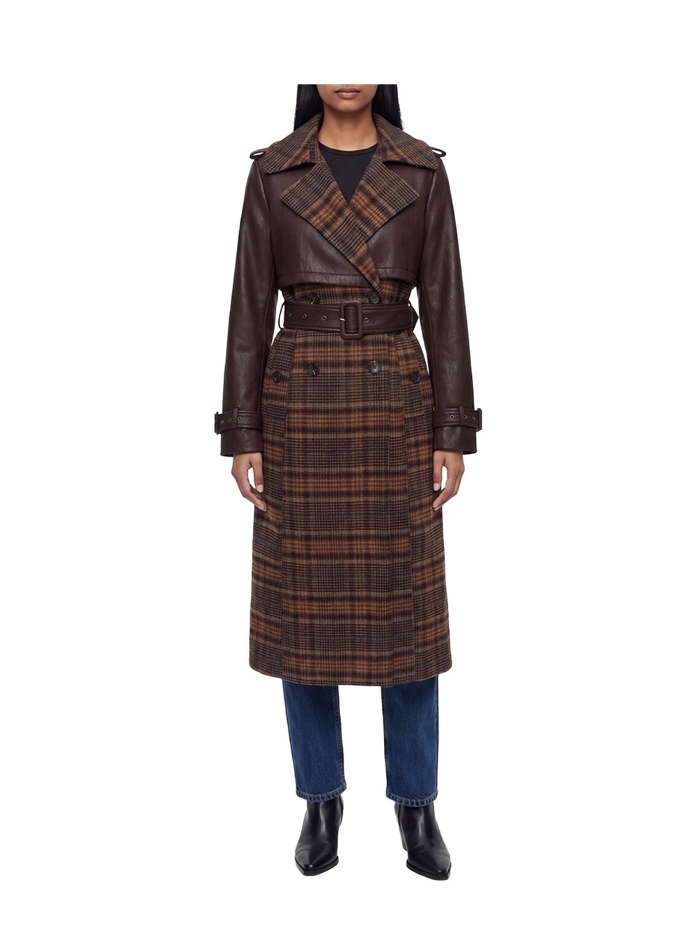 Avec Les Filles Brown Plaid Trench Coat with Dark Brown Leather Yoke